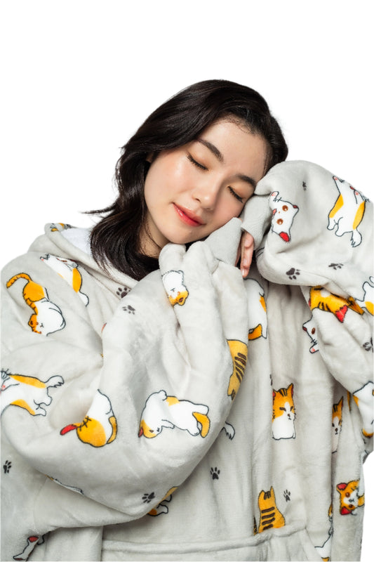 Light Gray Cat Wearable Blanket for Adults