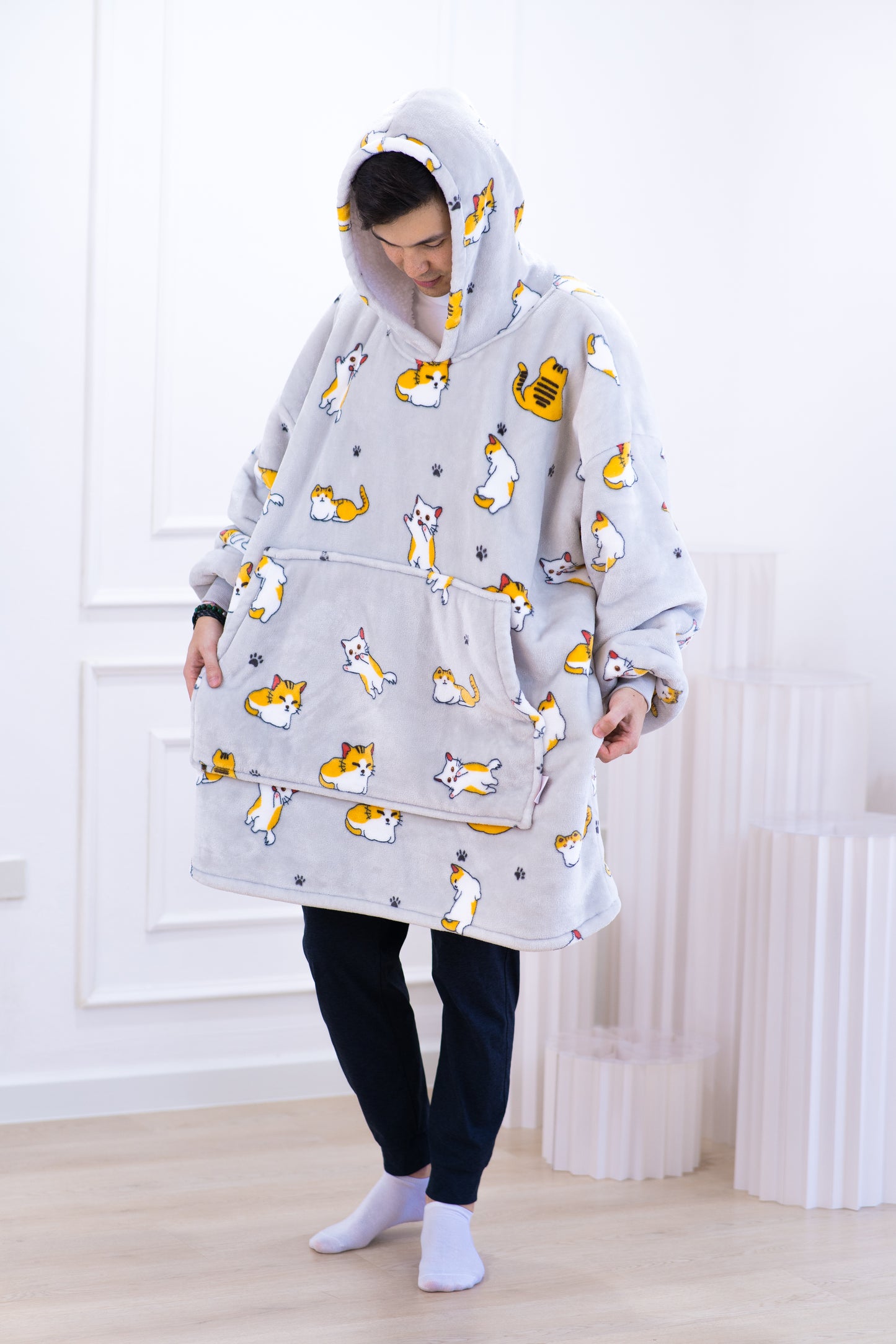 Light Gray Cat Wearable Blanket for Adults