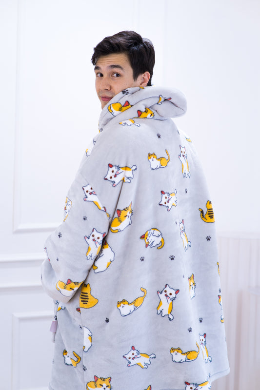 Light Gray Cat Wearable Blanket for Adults
